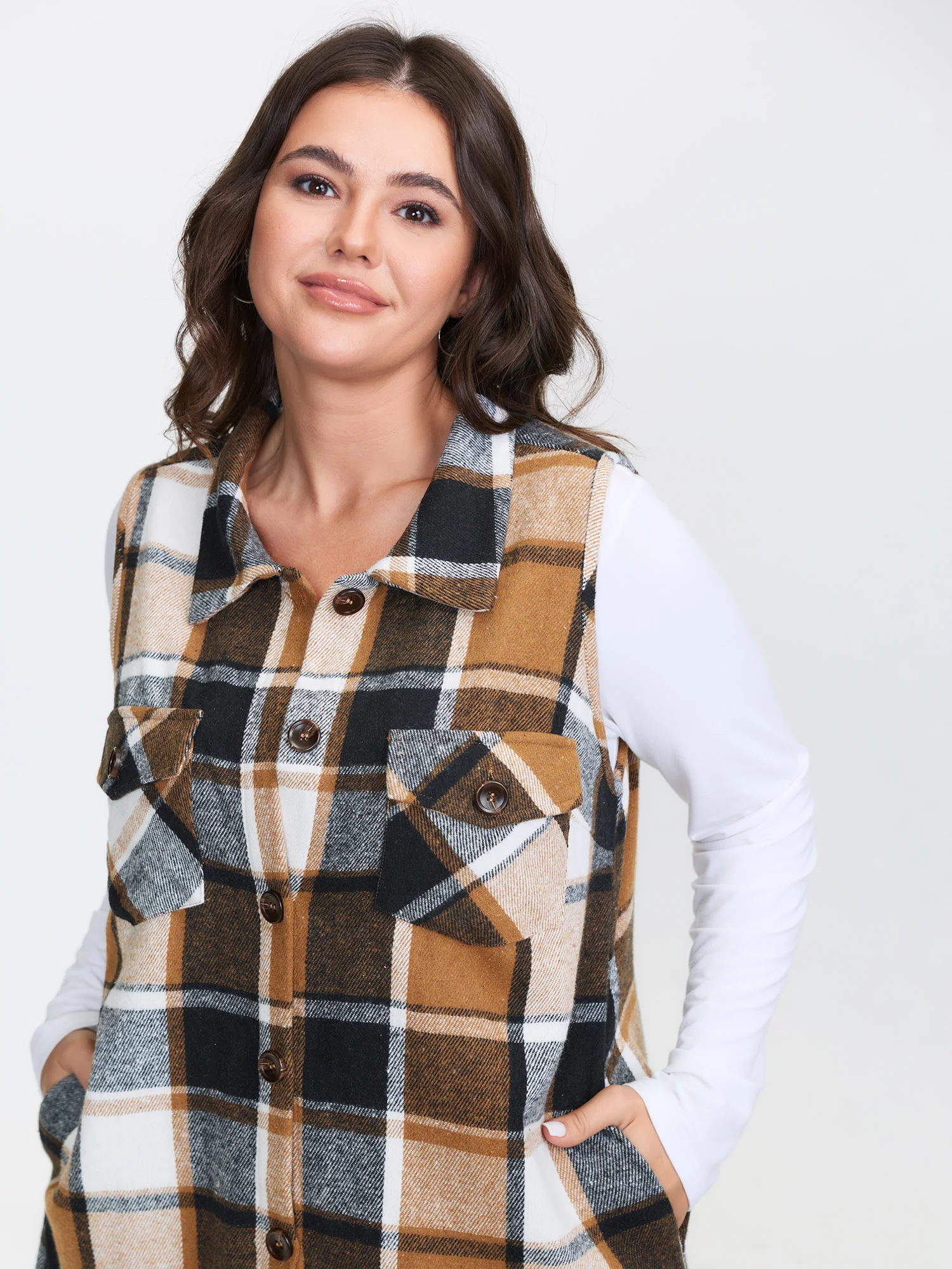 Plaid Flap Detail Sleeveless Jacket - Image 2