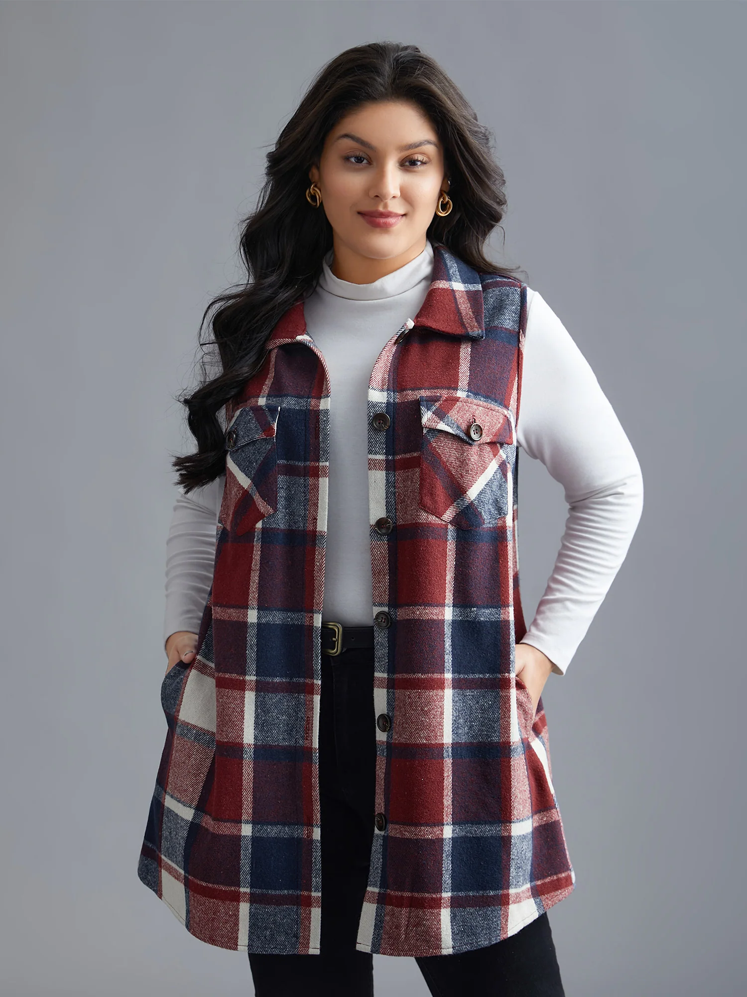 Plaid Flap Detail Sleeveless Jacket - Image 23