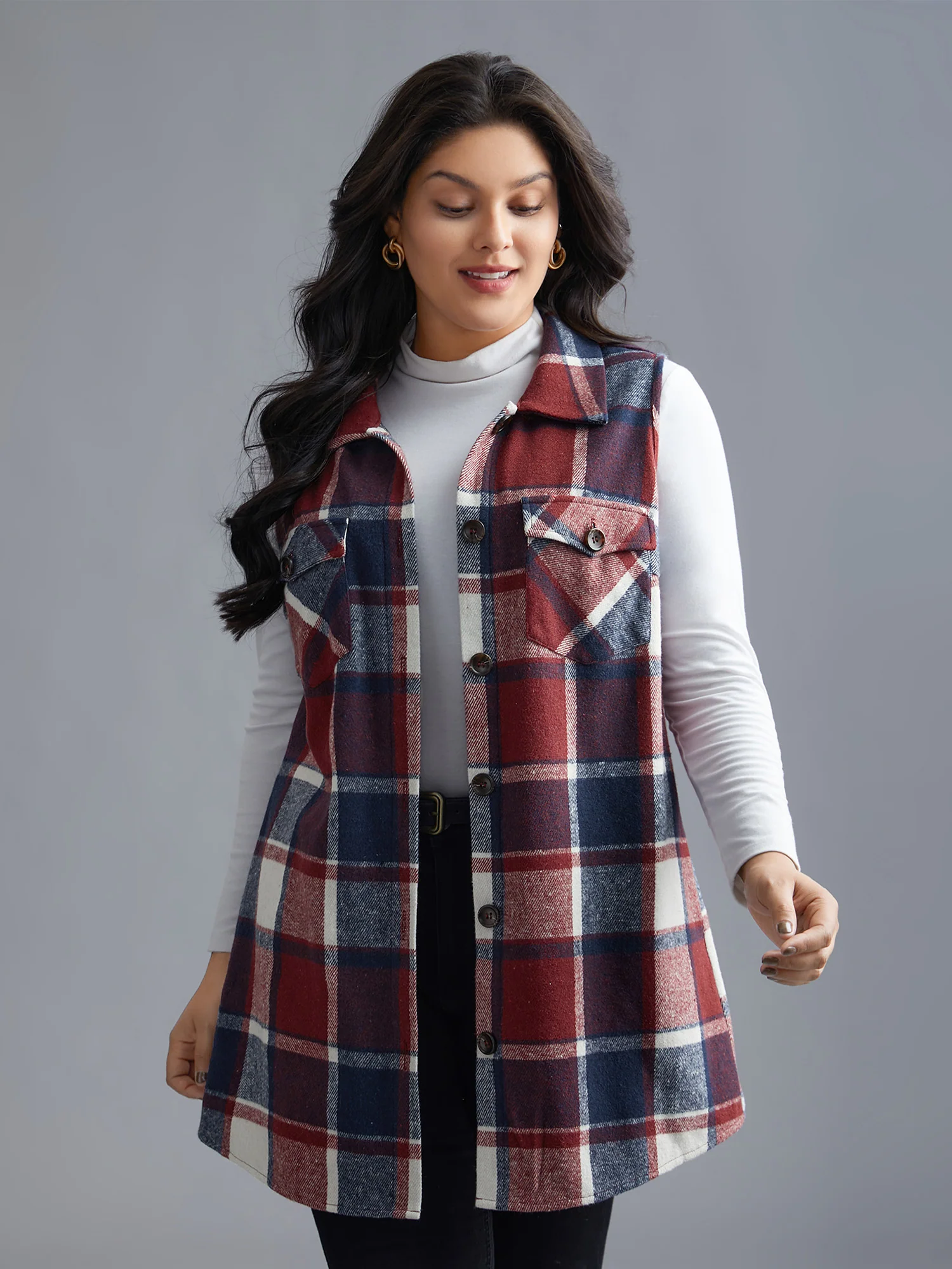 Plaid Flap Detail Sleeveless Jacket - Image 24