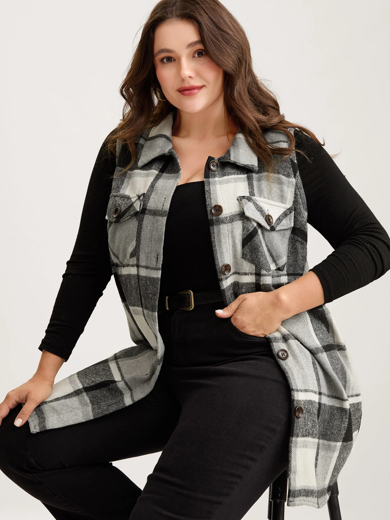 Plaid Flap Detail Sleeveless Jacket - Image 8