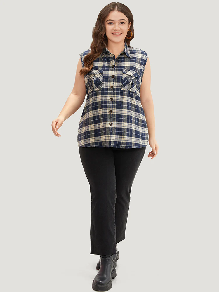 Plaid Flap Pocket Button Up Sleeveless Jacket - Image 4