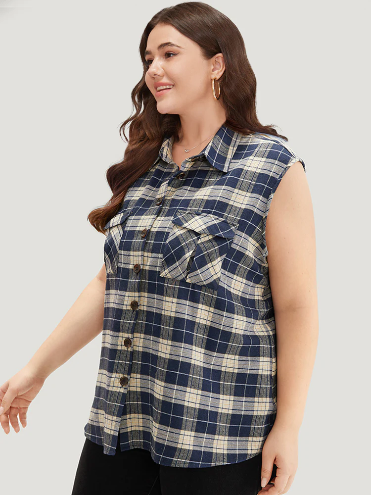 Plaid Flap Pocket Button Up Sleeveless Jacket - Image 5