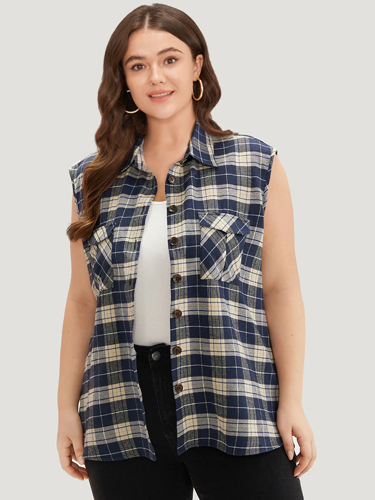 Plaid Flap Pocket Button Up Sleeveless Jacket - Image 6