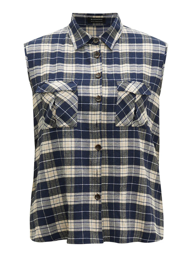 Plaid Flap Pocket Button Up Sleeveless Jacket - Image 8