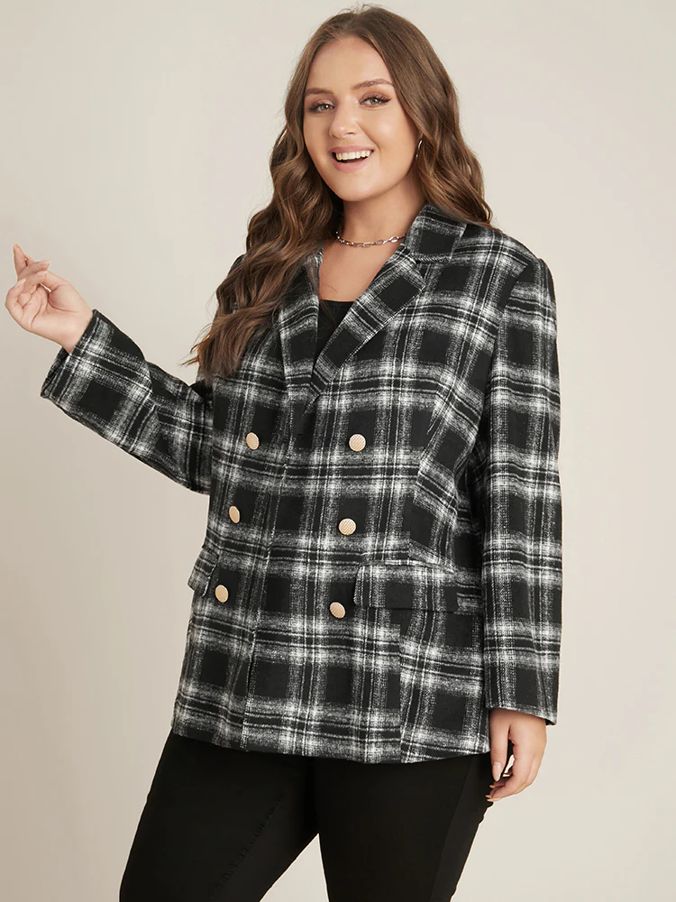 Plaid Flap Pocket Button Up Suit Collar Blazer - Image 4