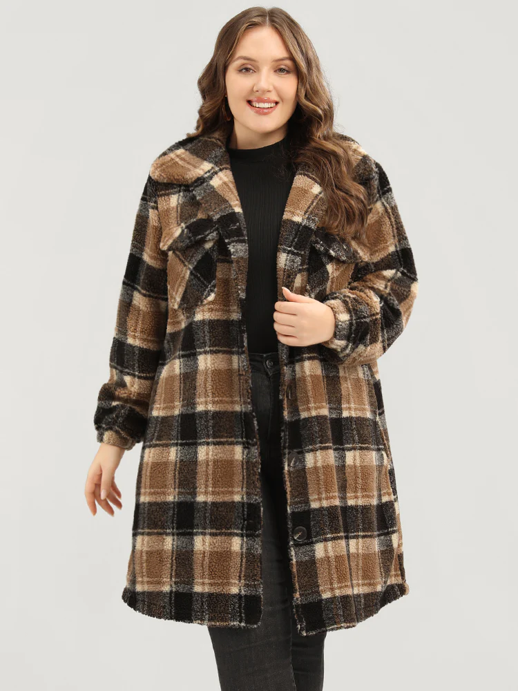 Plaid Flap Pocket Button Up Teddy Coat - Image 3