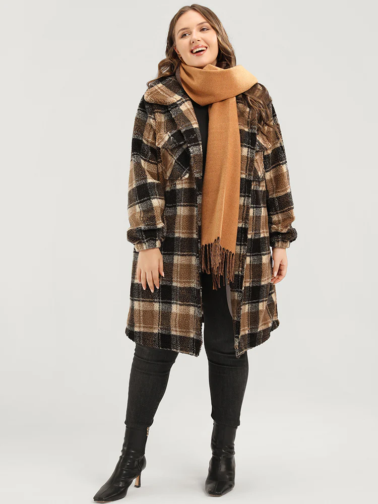 Plaid Flap Pocket Button Up Teddy Coat - Image 4