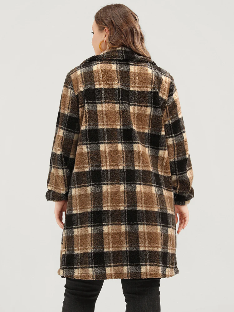Plaid Flap Pocket Button Up Teddy Coat - Image 5