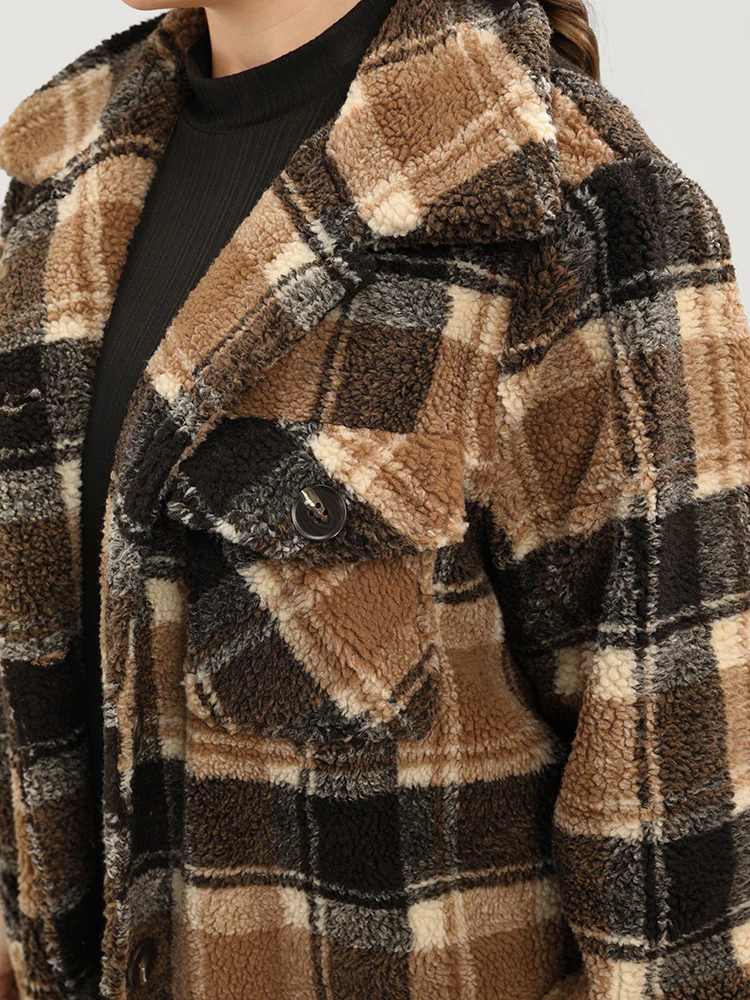 Plaid Flap Pocket Button Up Teddy Coat - Image 6