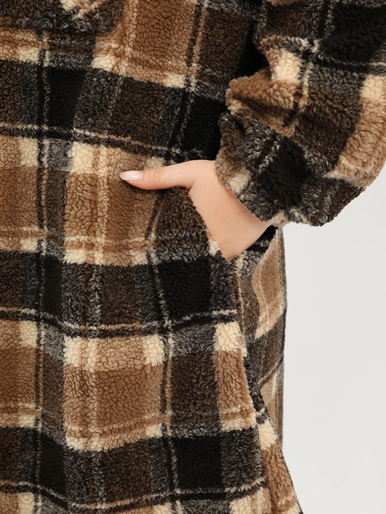 Plaid Flap Pocket Button Up Teddy Coat - Image 7
