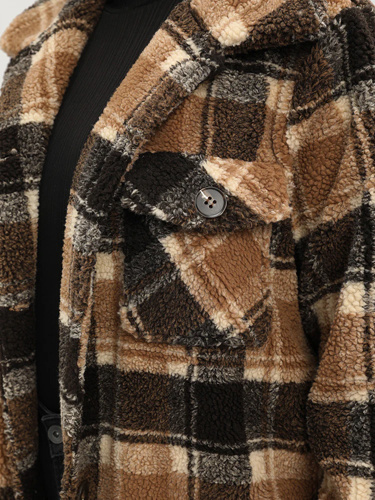 Plaid Flap Pocket Button Up Teddy Coat - Image 8