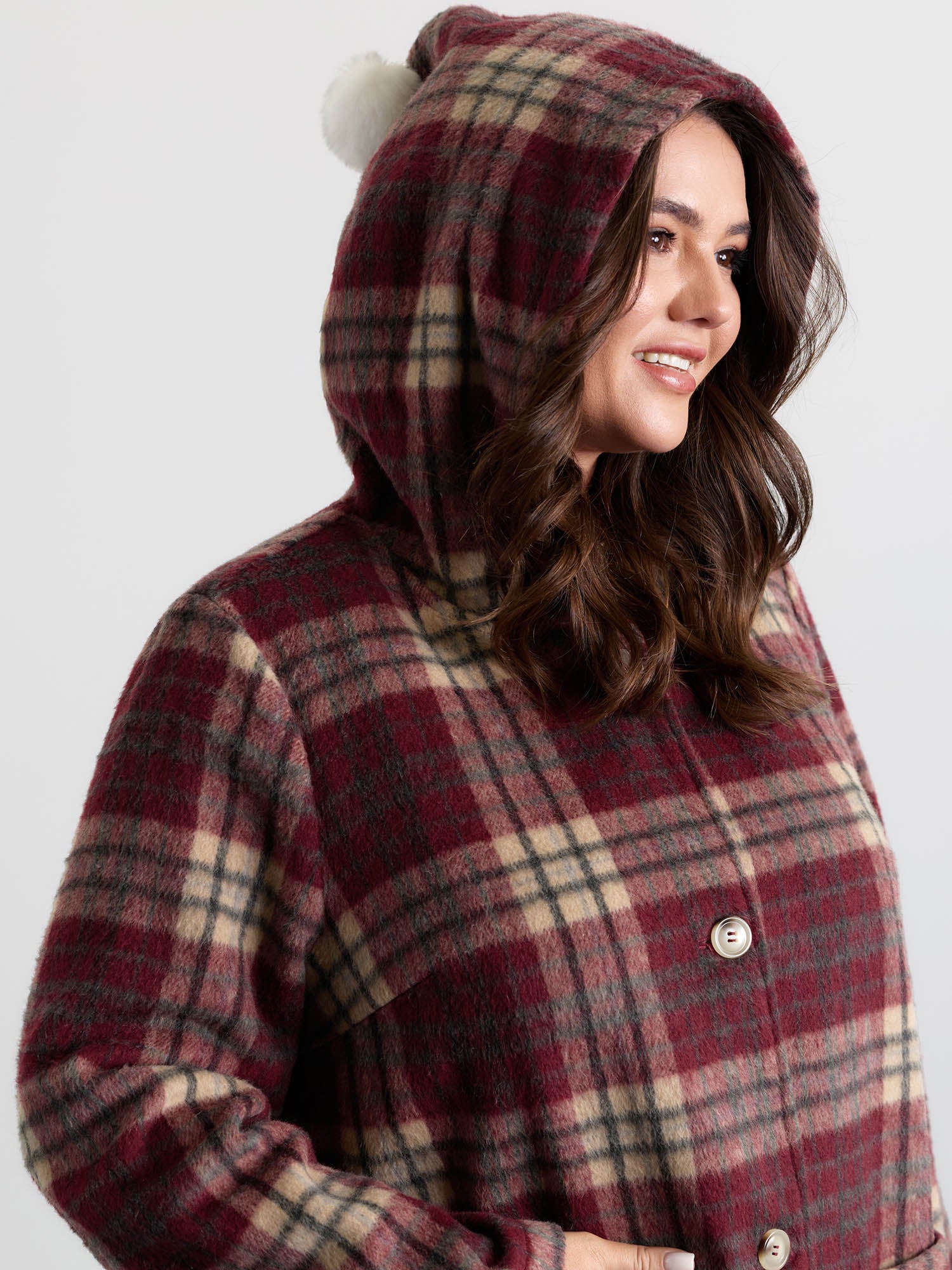 Plaid Fleece Hooded Button Coat - Image 2