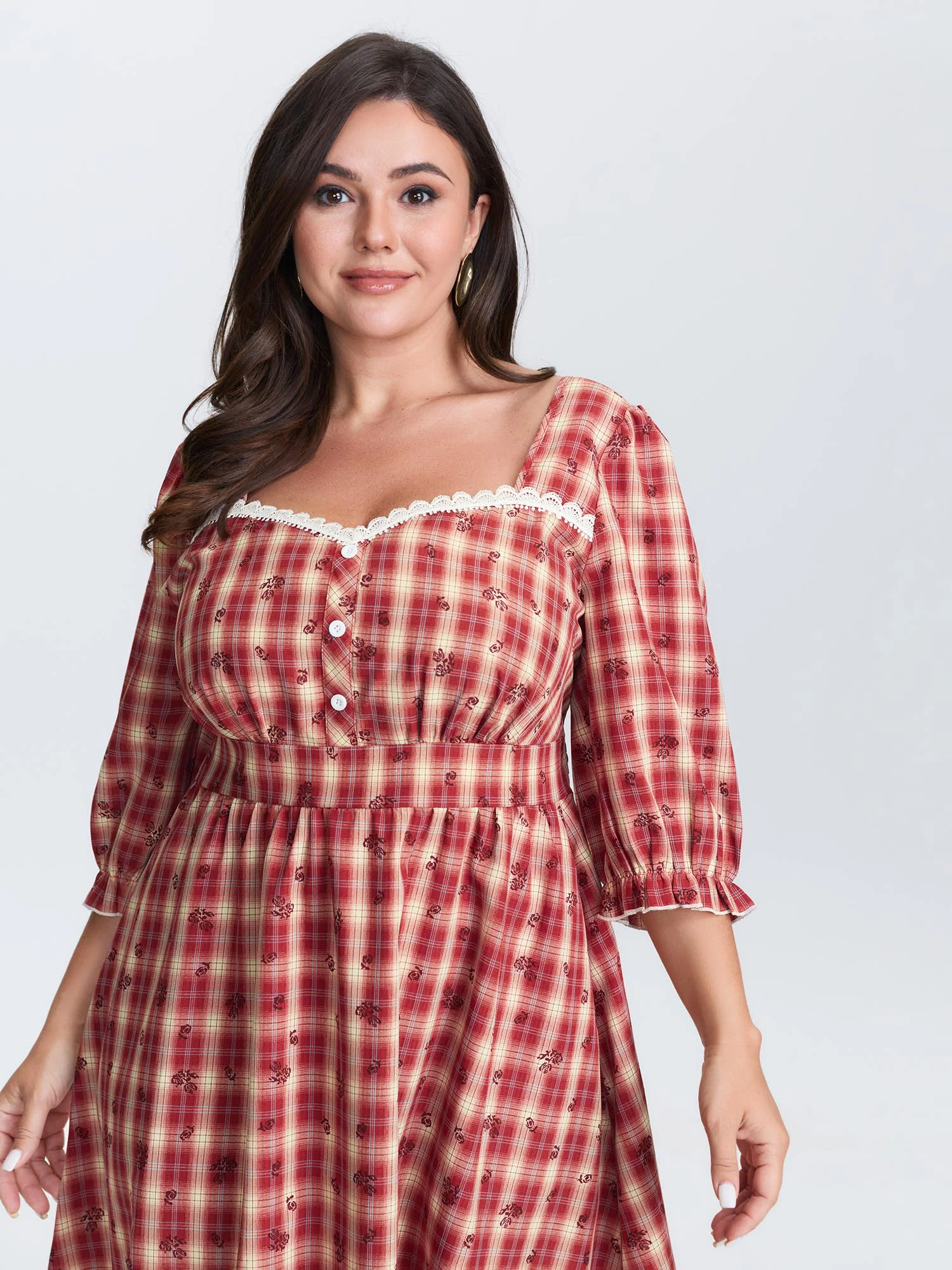 Plaid Floral Color Contrast Midi Dress - Image 2