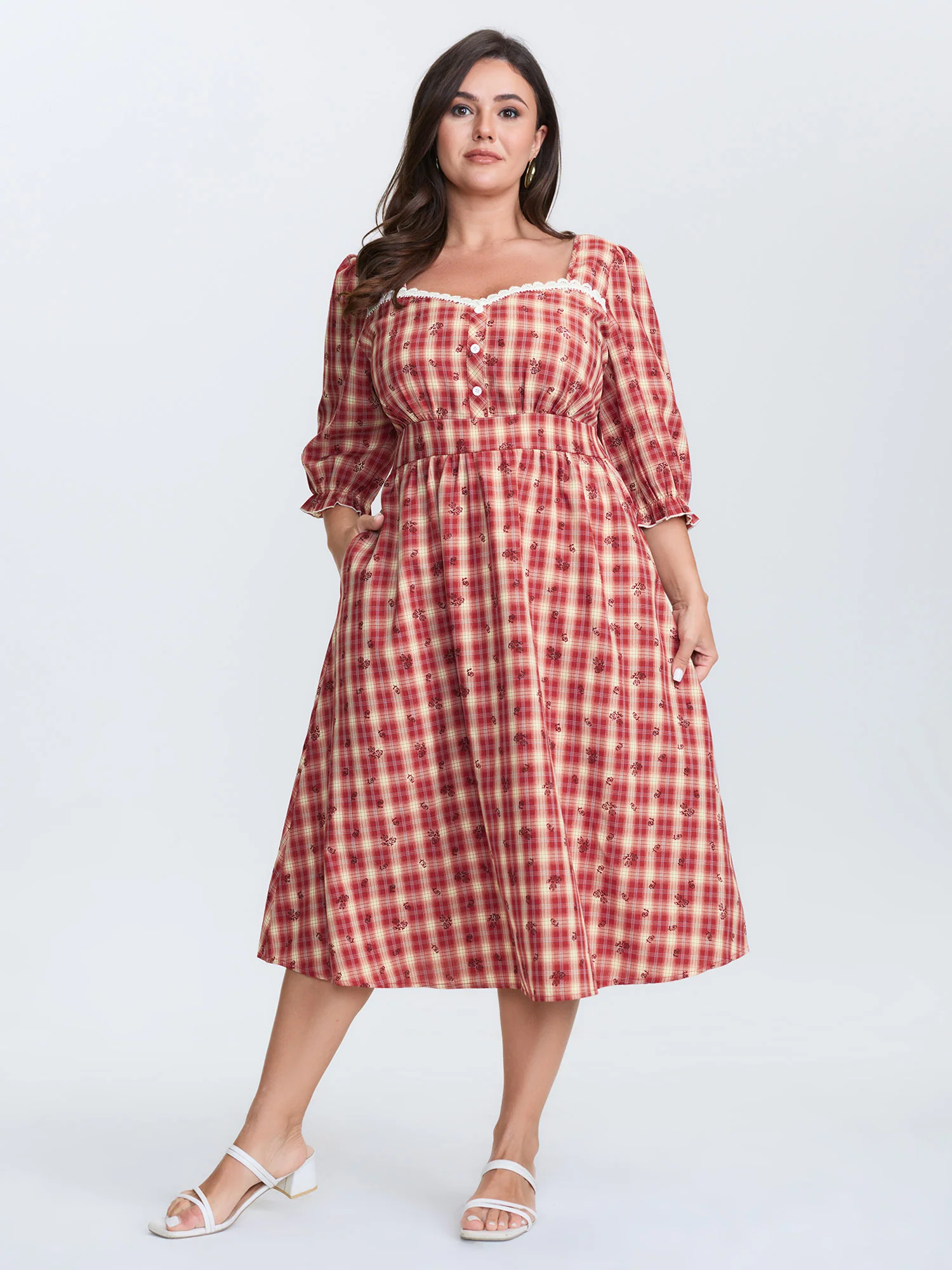 Plaid Floral Color Contrast Midi Dress - Image 3