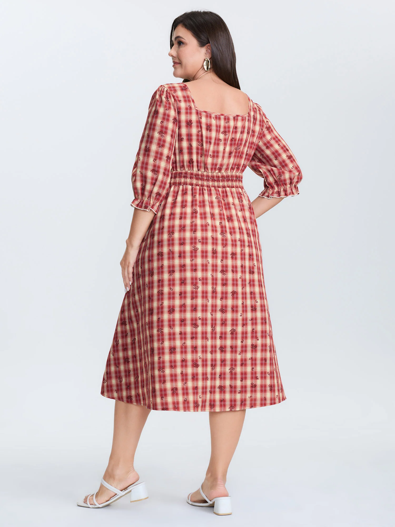 Plaid Floral Color Contrast Midi Dress - Image 4