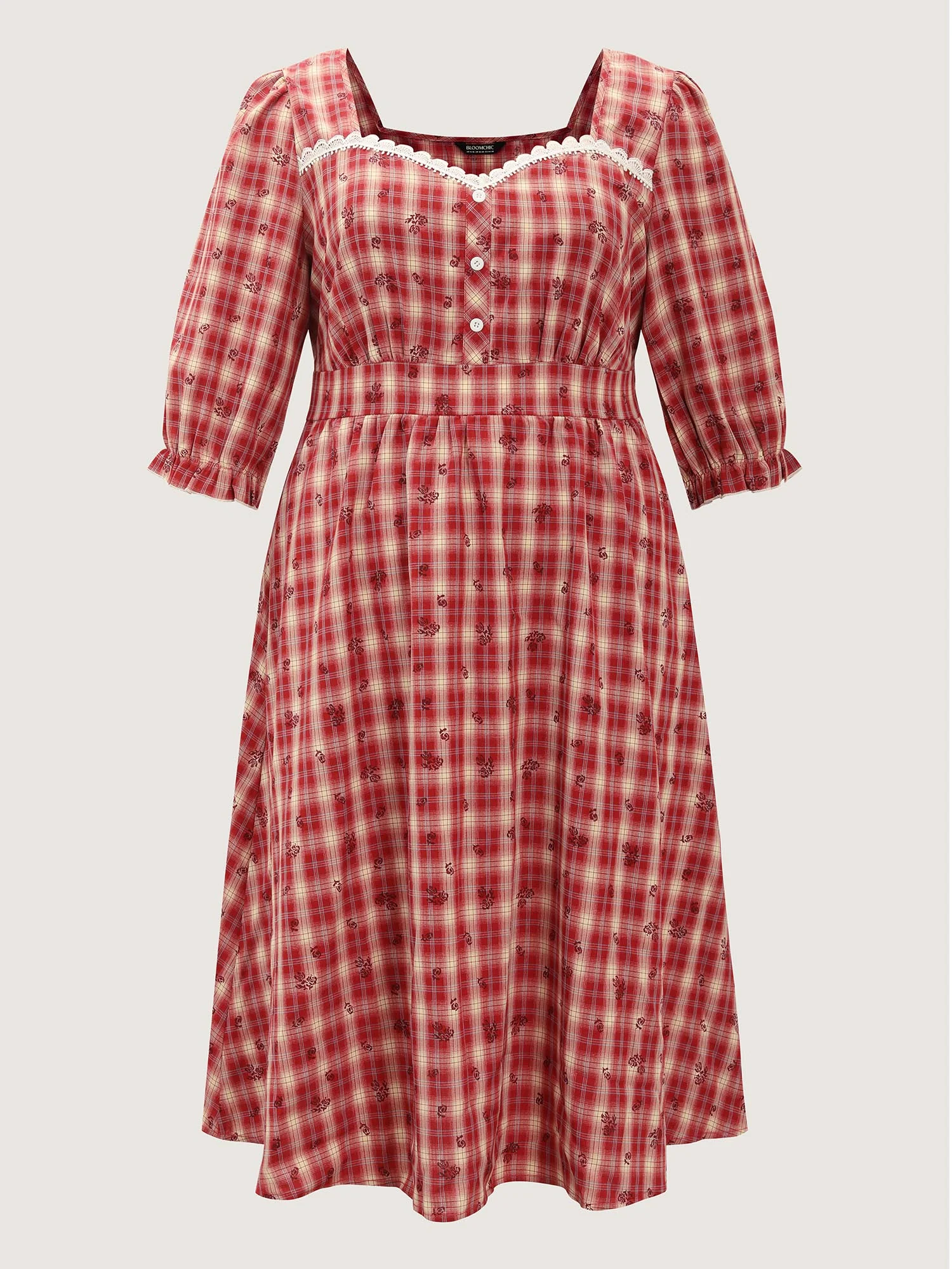 Plaid Floral Color Contrast Midi Dress - Image 7