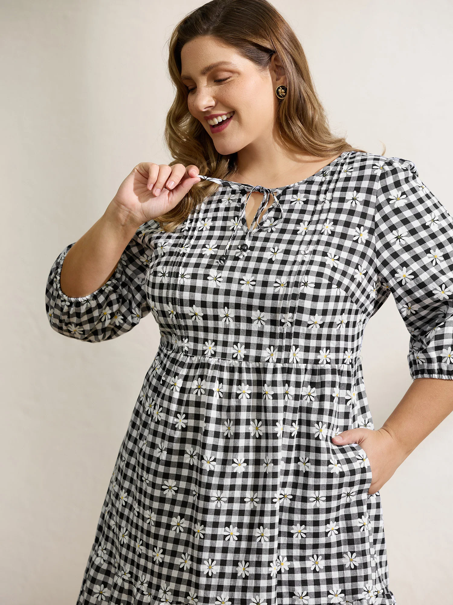 Plaid Floral High-Waist Midi Dress - Image 2