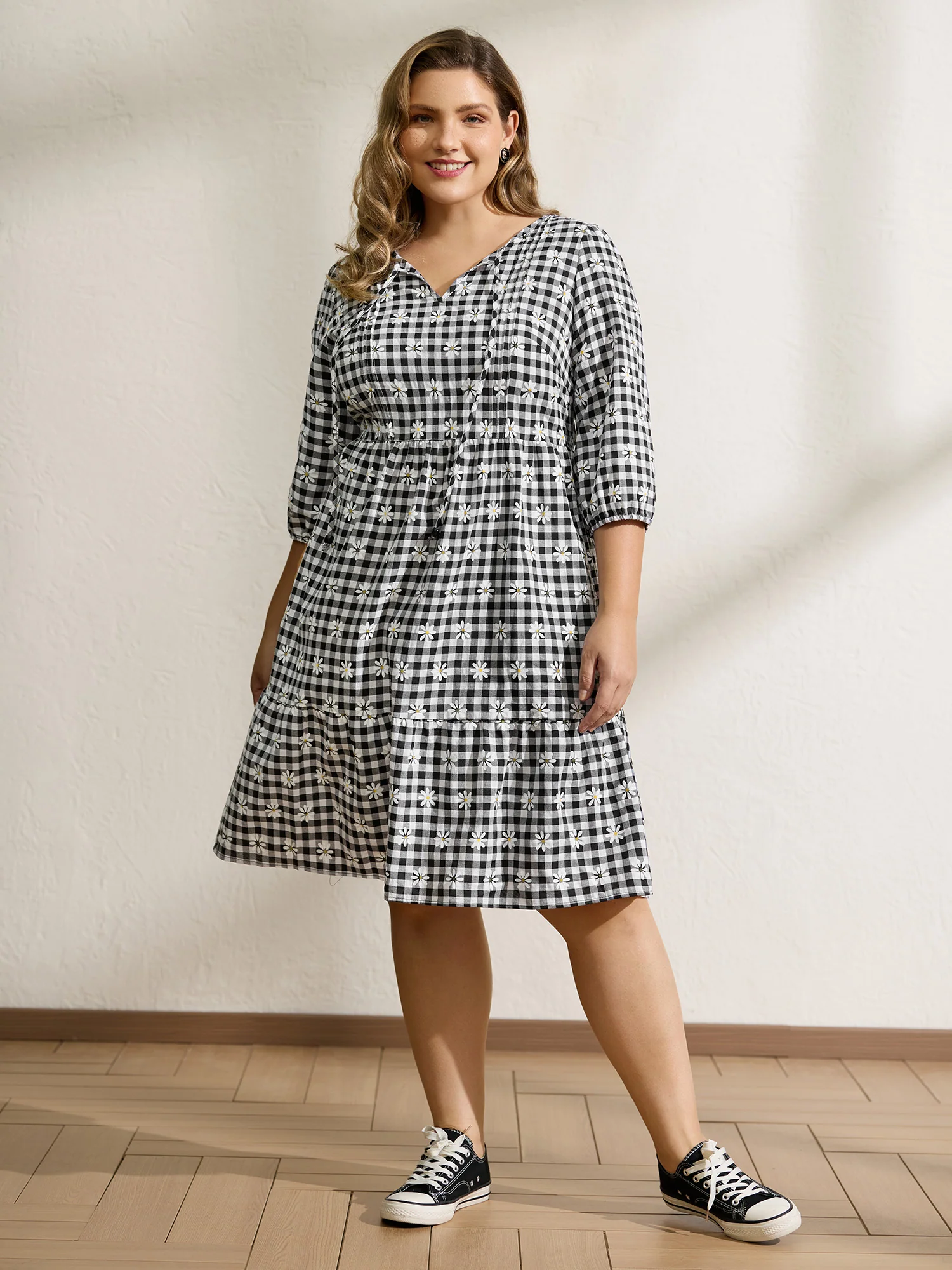 Plaid Floral High-Waist Midi Dress - Image 3