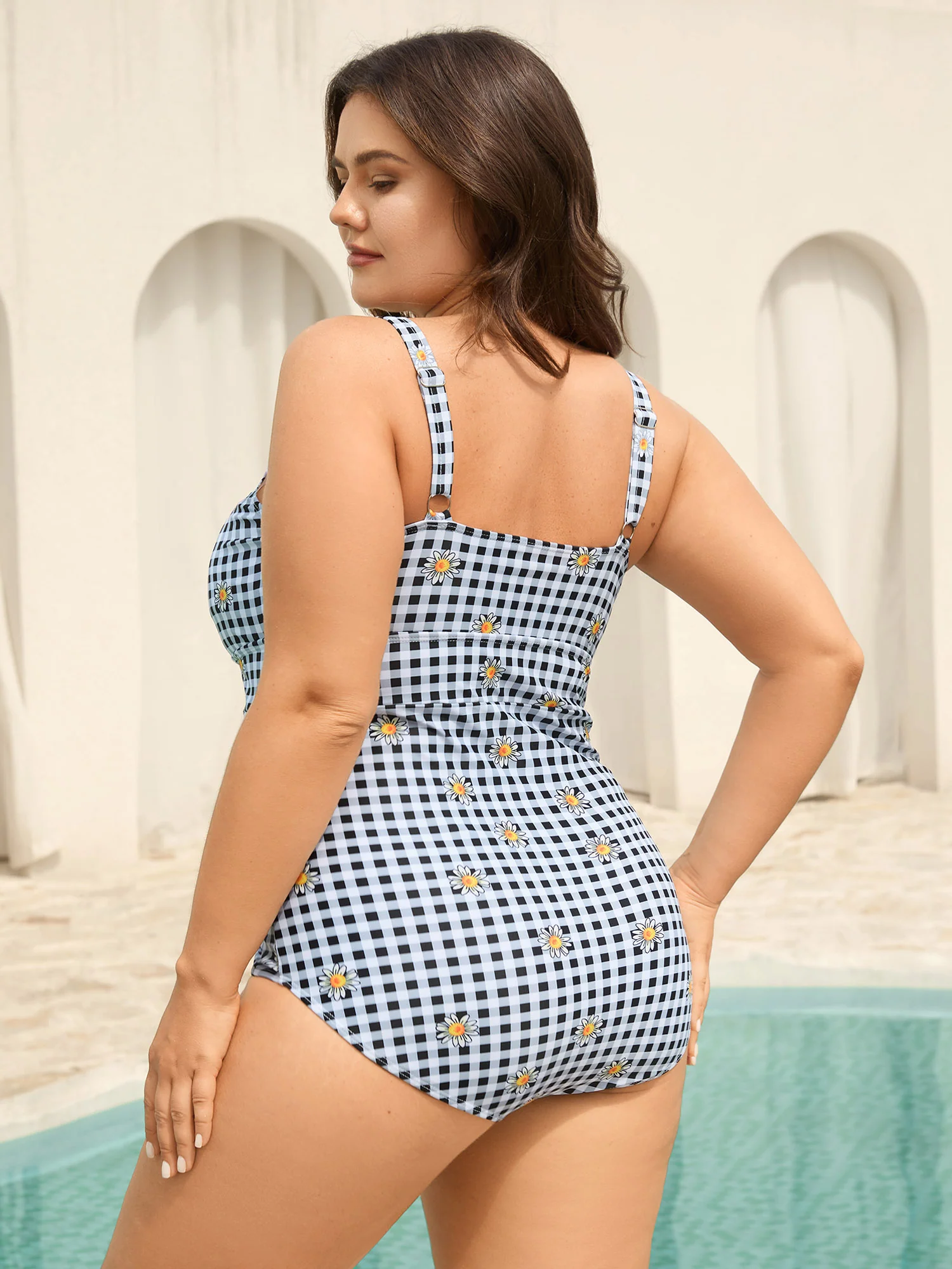Plaid Floral Print Drawstring One-Piece Swimsuit - Image 2