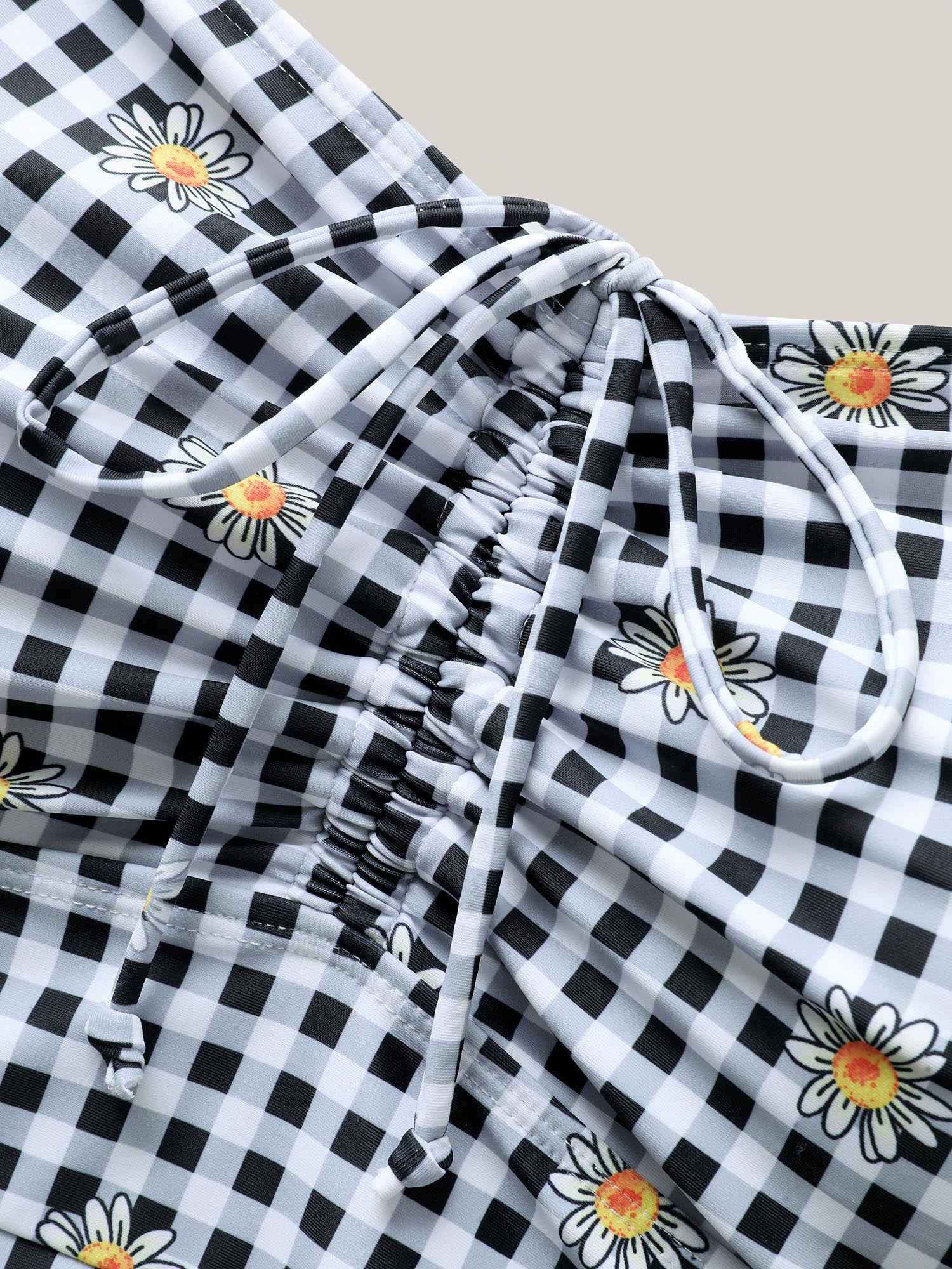 Plaid Floral Print Drawstring One-Piece Swimsuit - Image 5