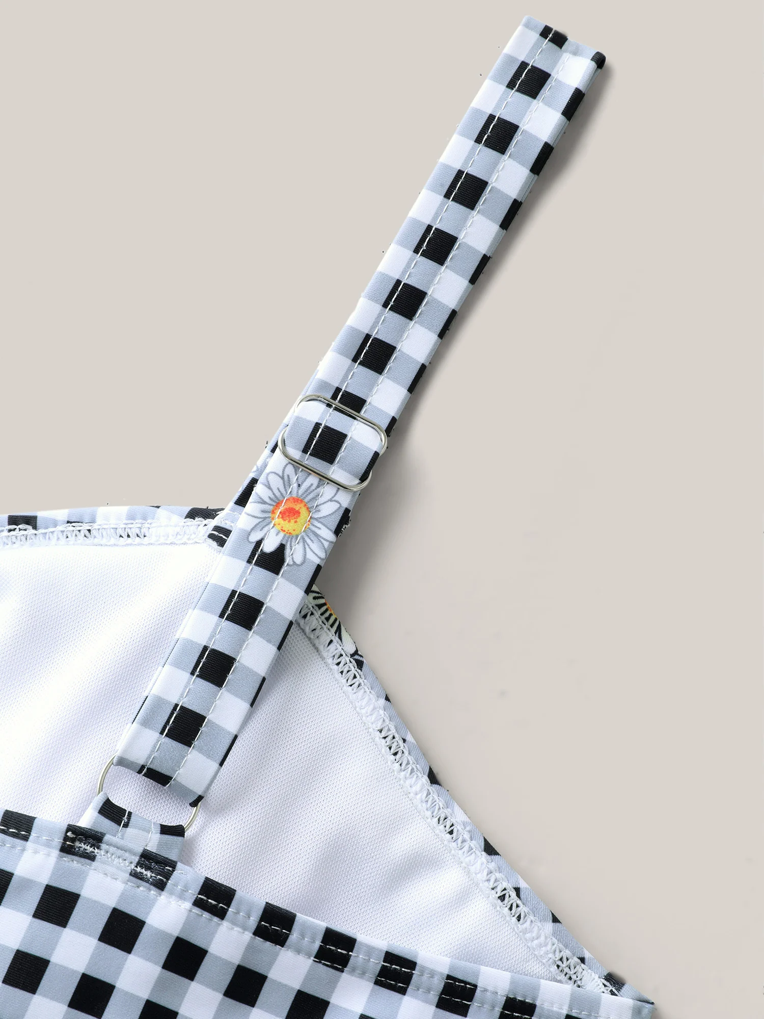 Plaid Floral Print Drawstring One-Piece Swimsuit - Image 6