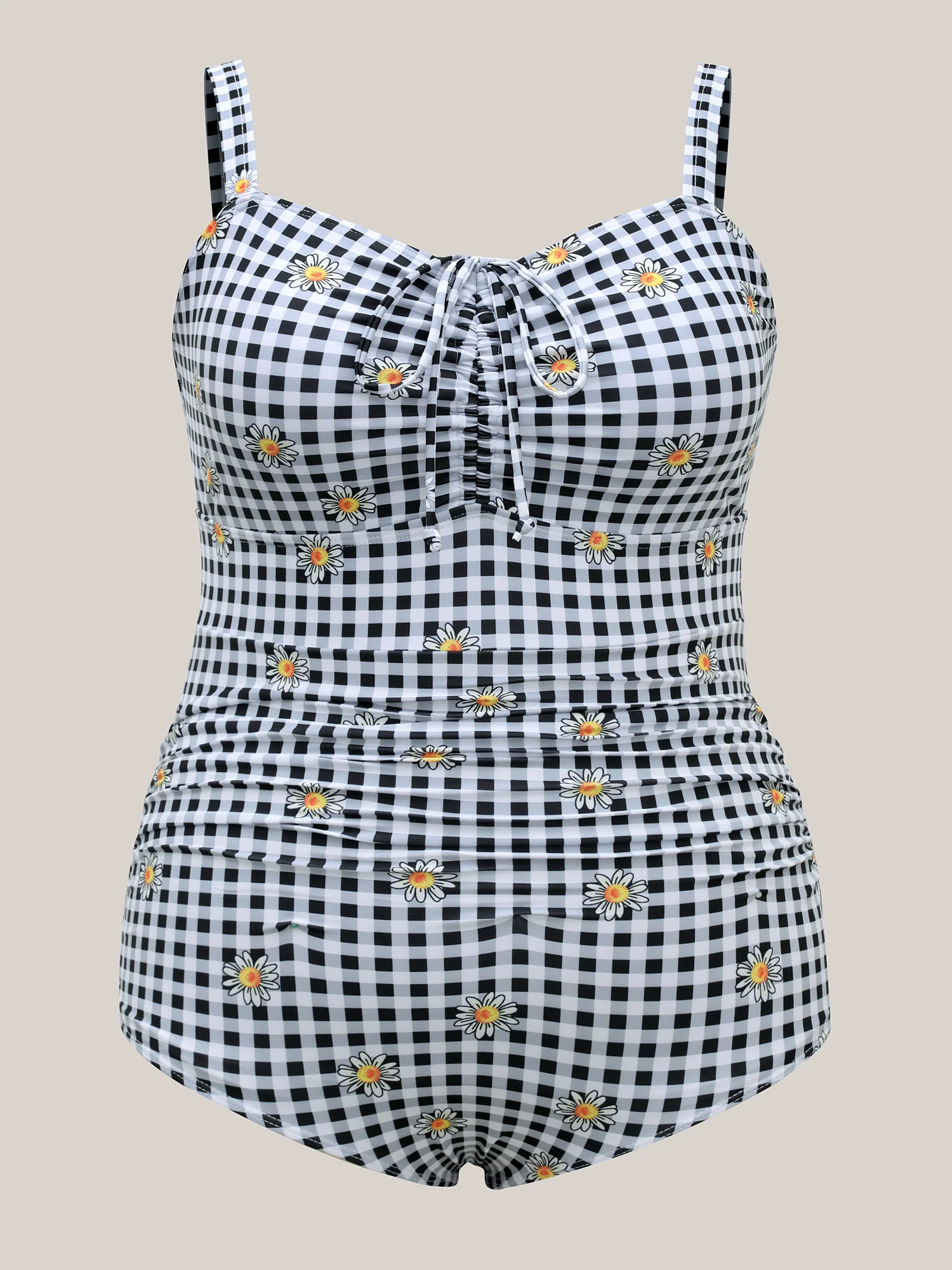 Plaid Floral Print Drawstring One-Piece Swimsuit - Image 7