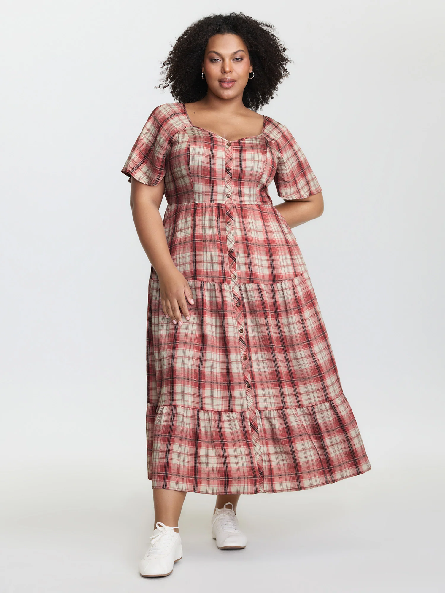 Plaid Flutter Sleeve Button Tiered Midi Dress
