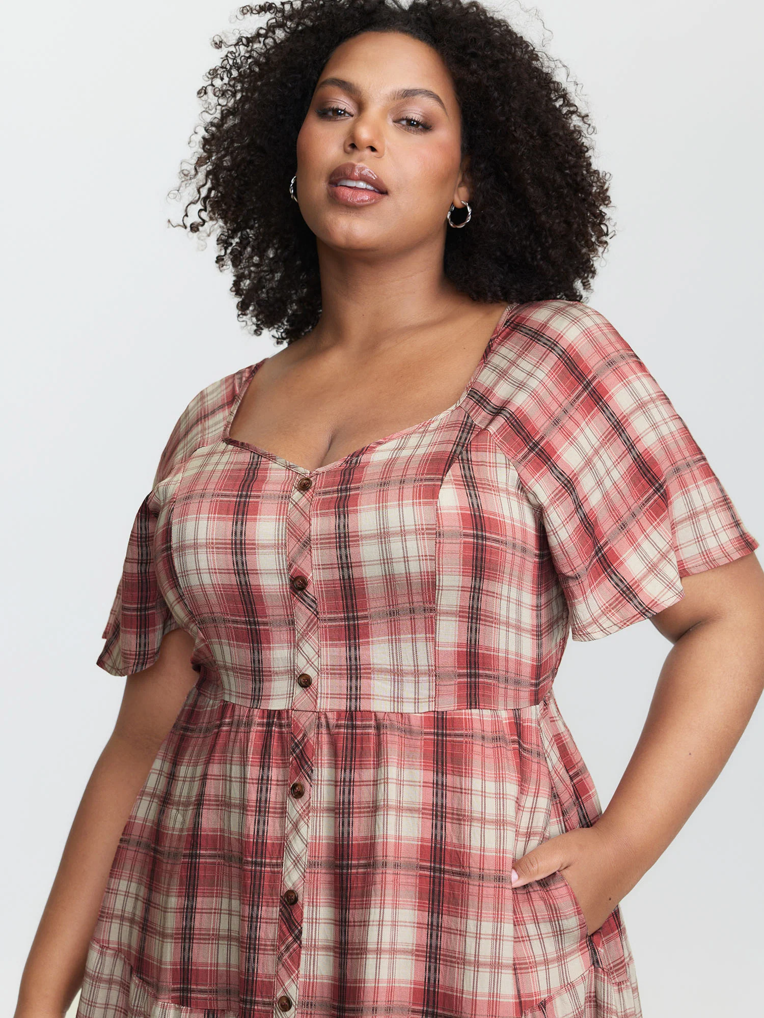 Plaid Flutter Sleeve Button Tiered Midi Dress - Image 2