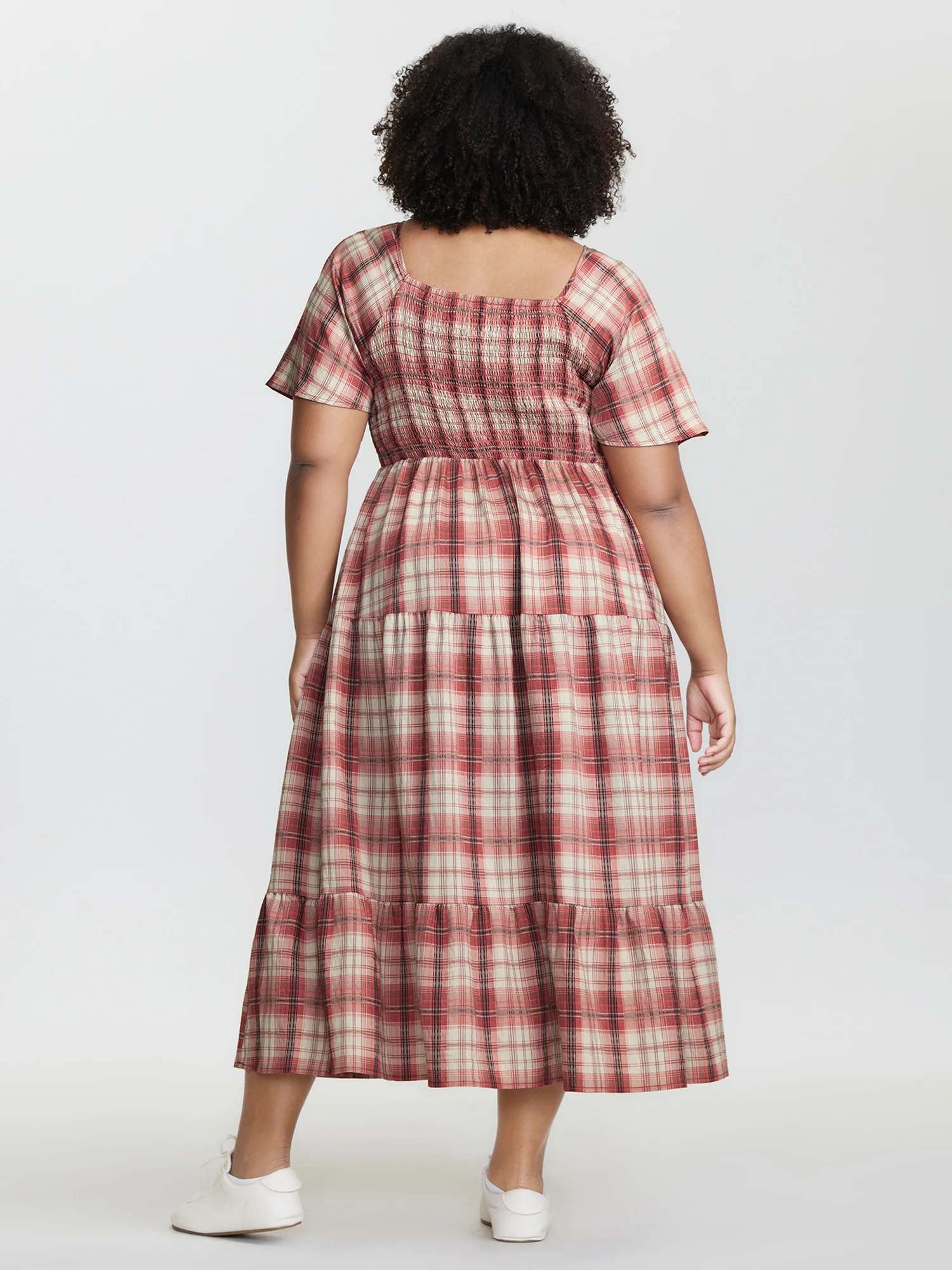 Plaid Flutter Sleeve Button Tiered Midi Dress - Image 4