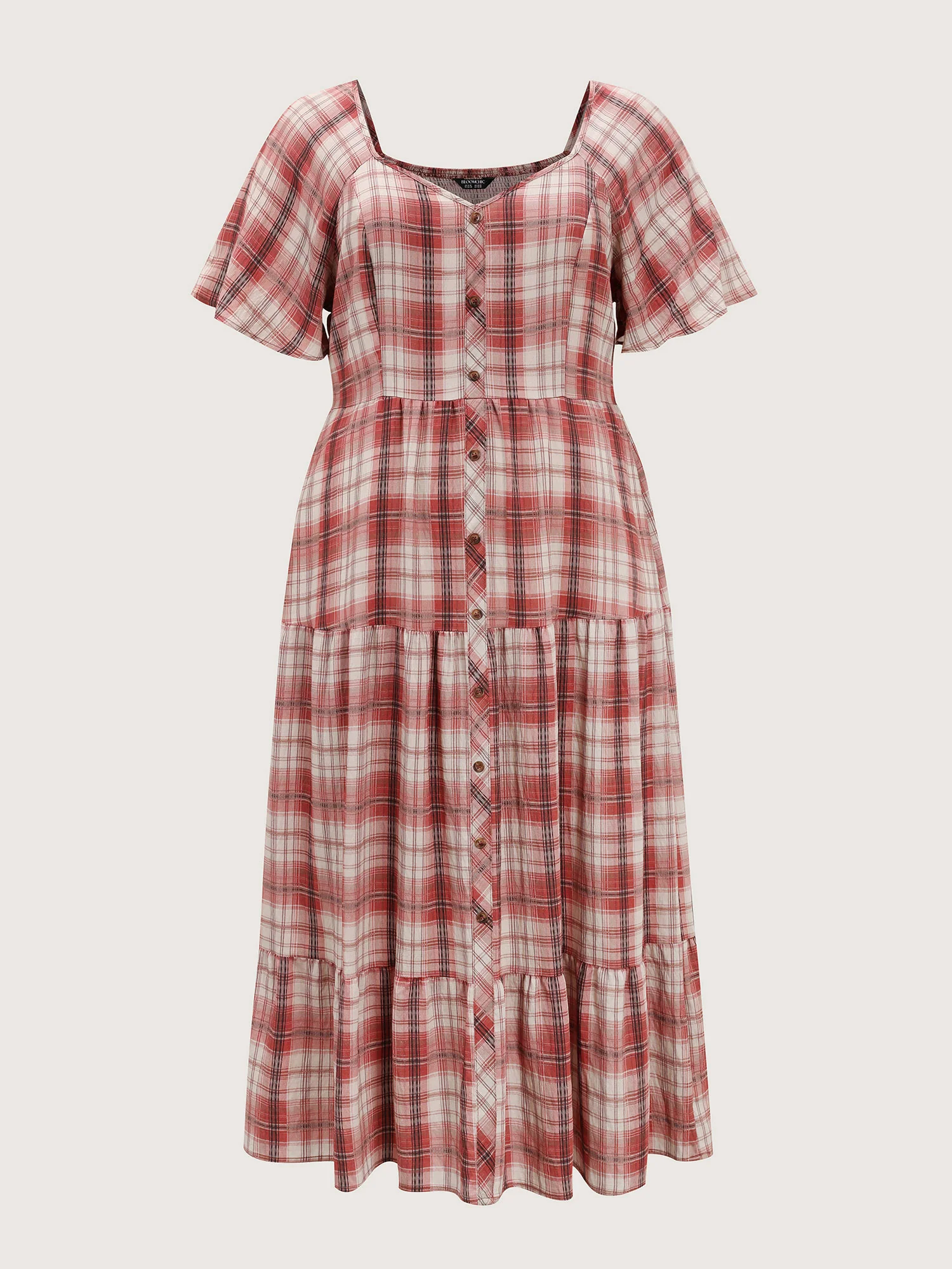 Plaid Flutter Sleeve Button Tiered Midi Dress - Image 7