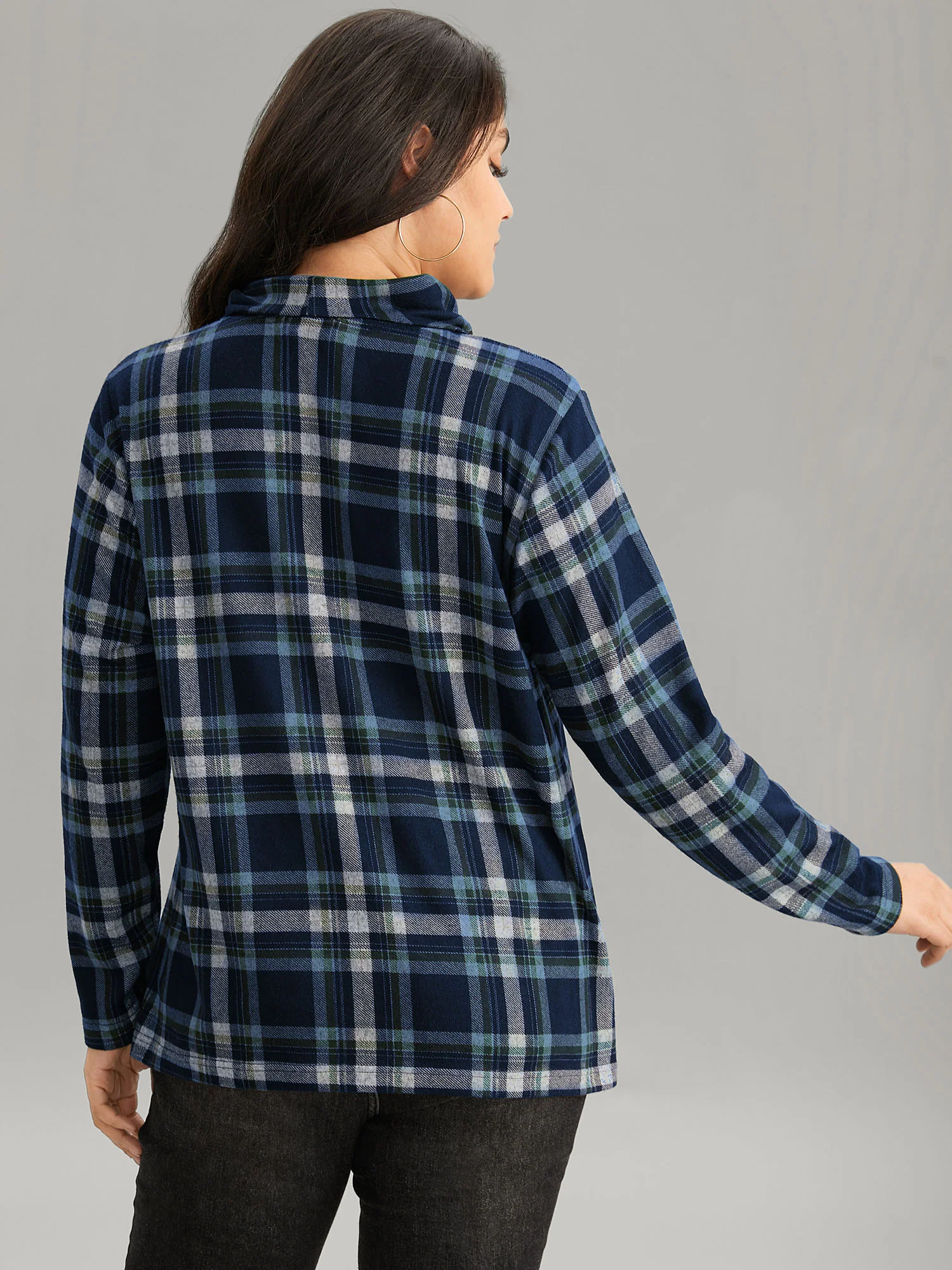Plaid Funnel Neck Button Detail T-shirt - Image 2