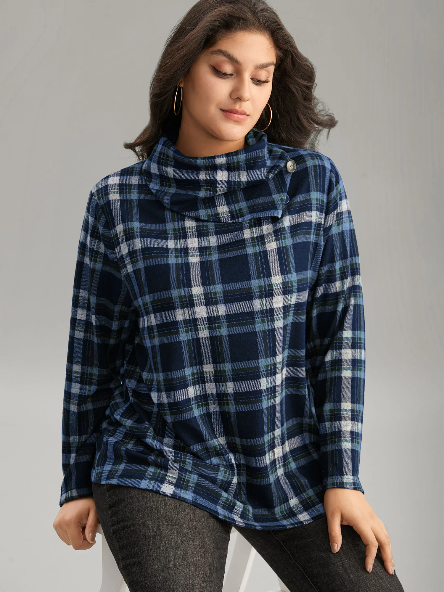 Plaid Funnel Neck Button Detail T-shirt - Image 3