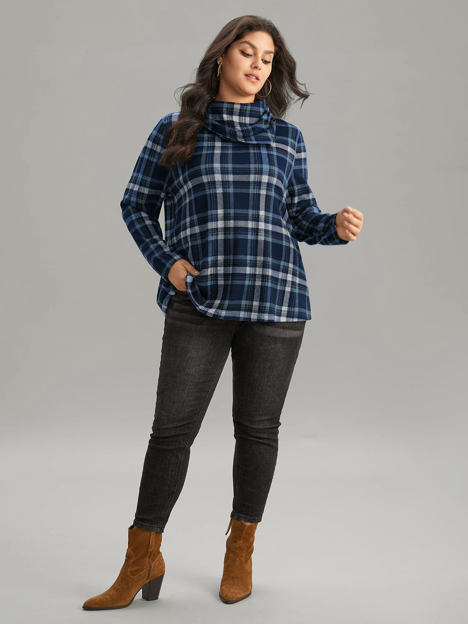 Plaid Funnel Neck Button Detail T-shirt - Image 4