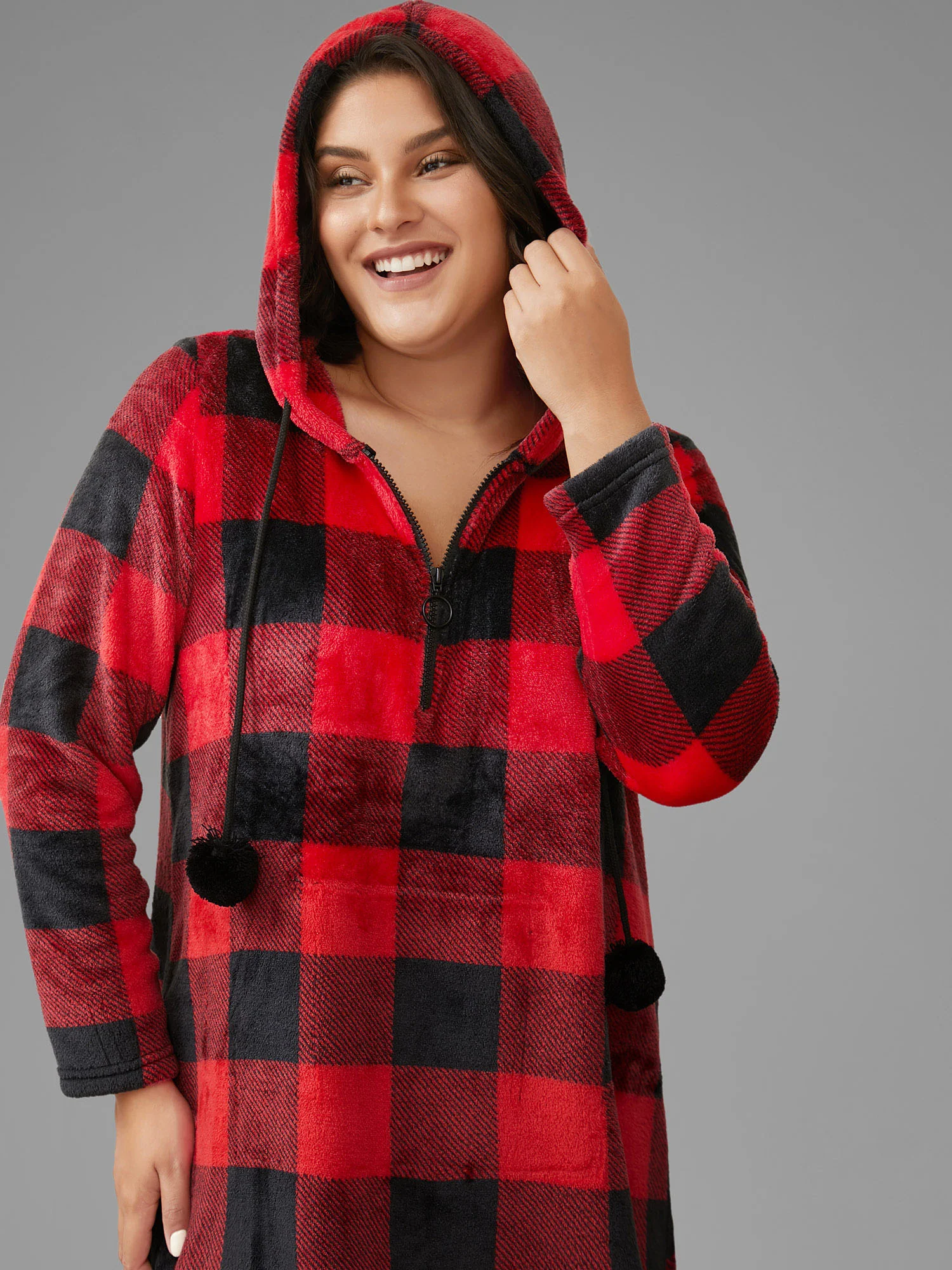 Check Print Hooded Flannel Lounge Dress - Image 2