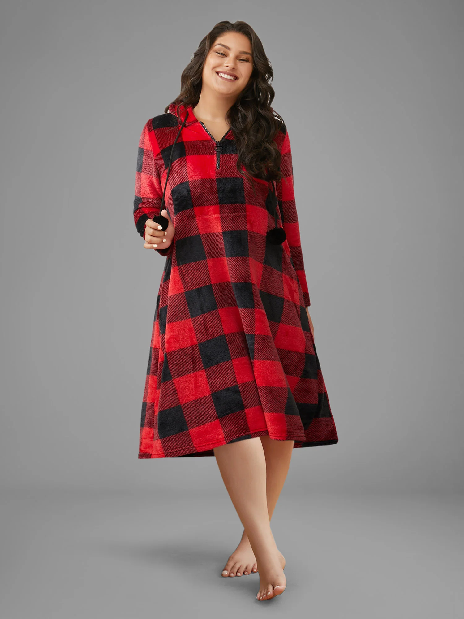 Check Print Hooded Flannel Lounge Dress - Image 3