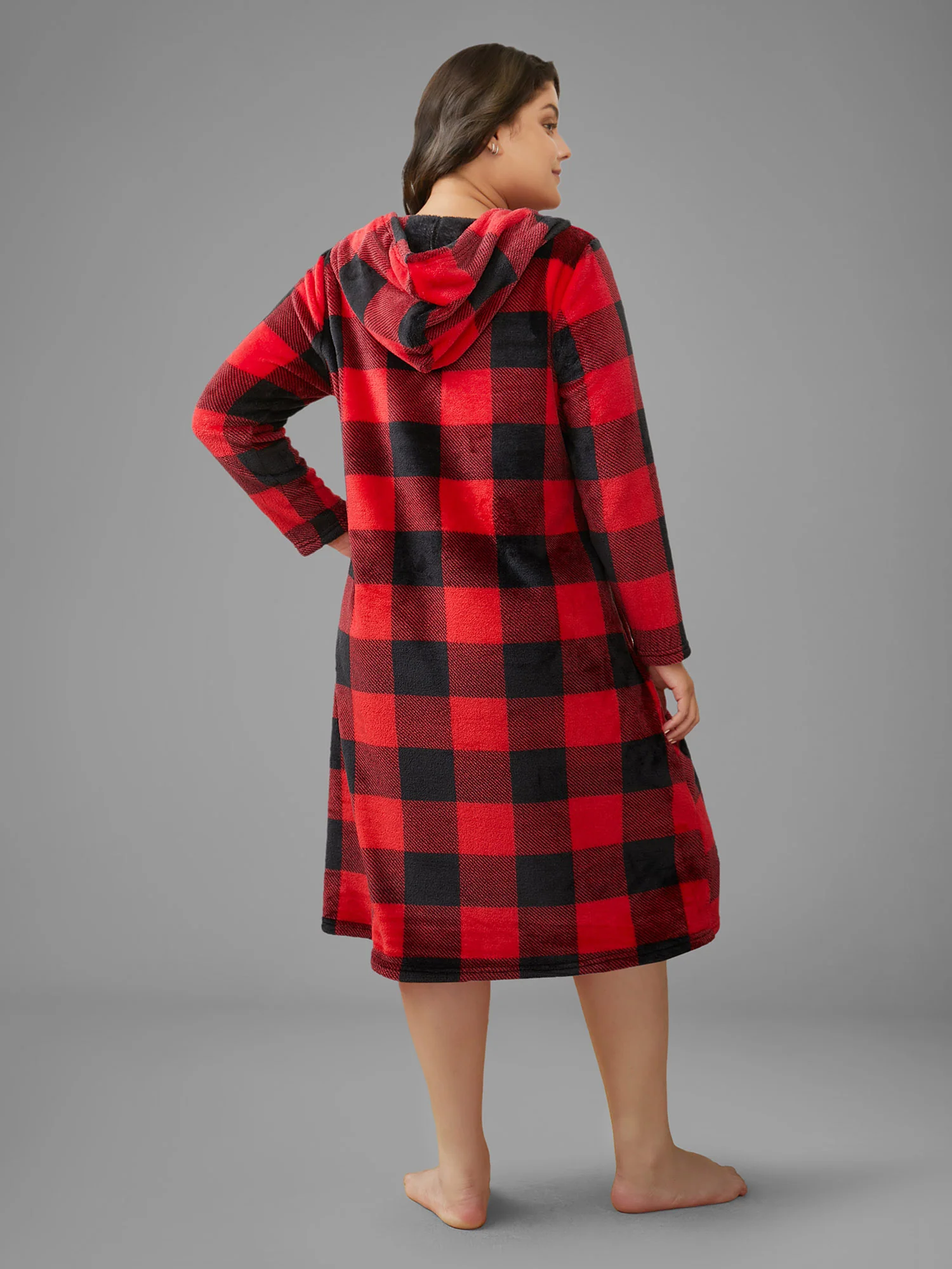 Check Print Hooded Flannel Lounge Dress - Image 4