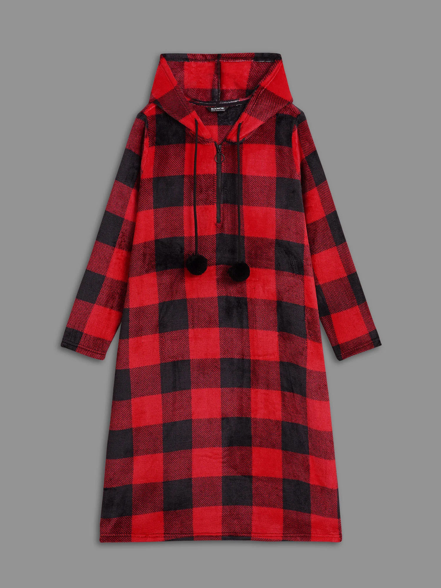 Check Print Hooded Flannel Lounge Dress - Image 7