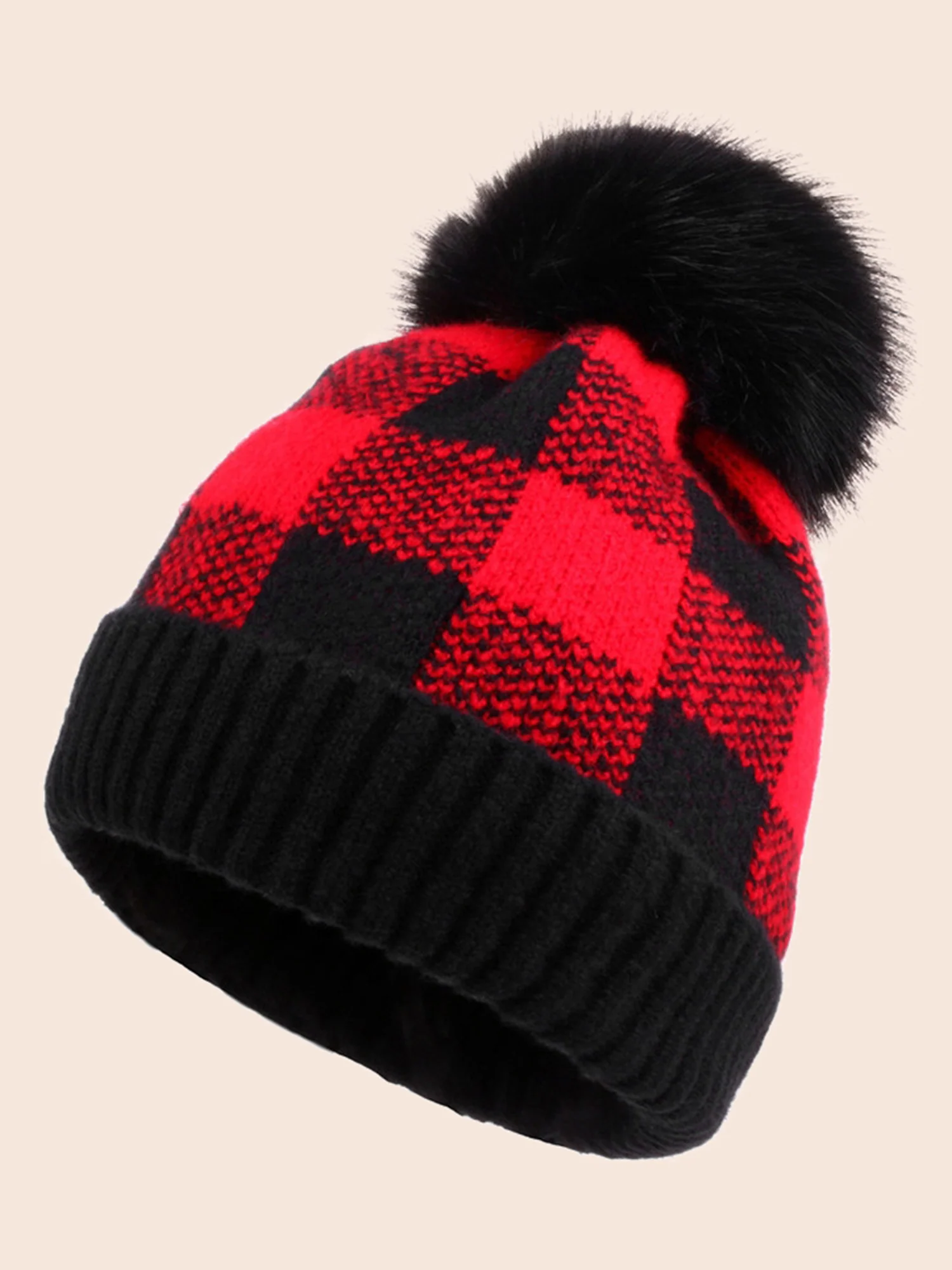 Plaid Fur Ball Contrast Hem Hat - Image 3