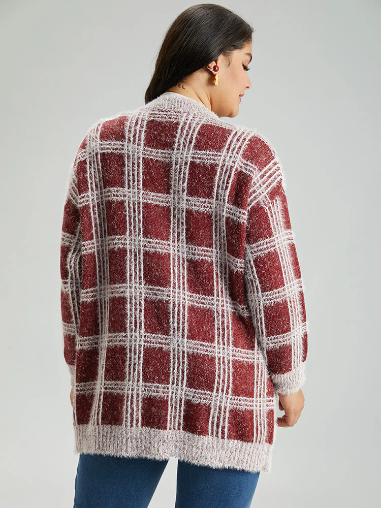 Plaid Fuzzy Heather Button Fly Tunic Cardigan - Image 2