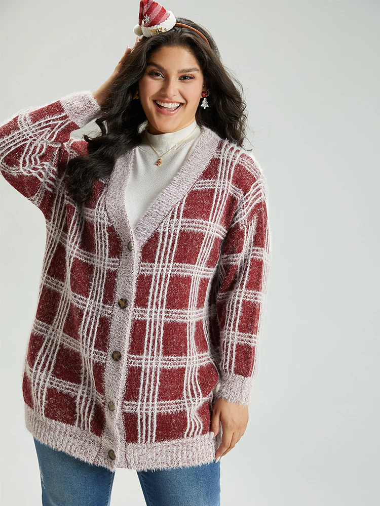 Plaid Fuzzy Heather Button Fly Tunic Cardigan - Image 3