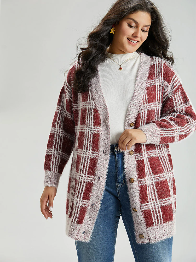 Plaid Fuzzy Heather Button Fly Tunic Cardigan - Image 4