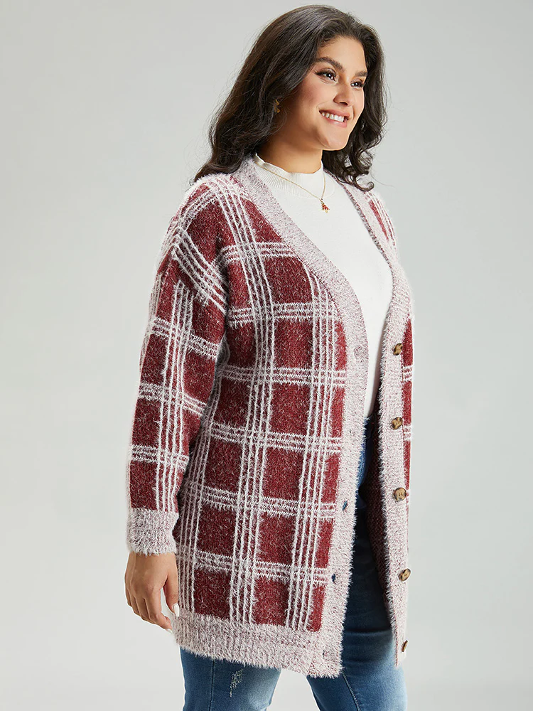 Plaid Fuzzy Heather Button Fly Tunic Cardigan - Image 5