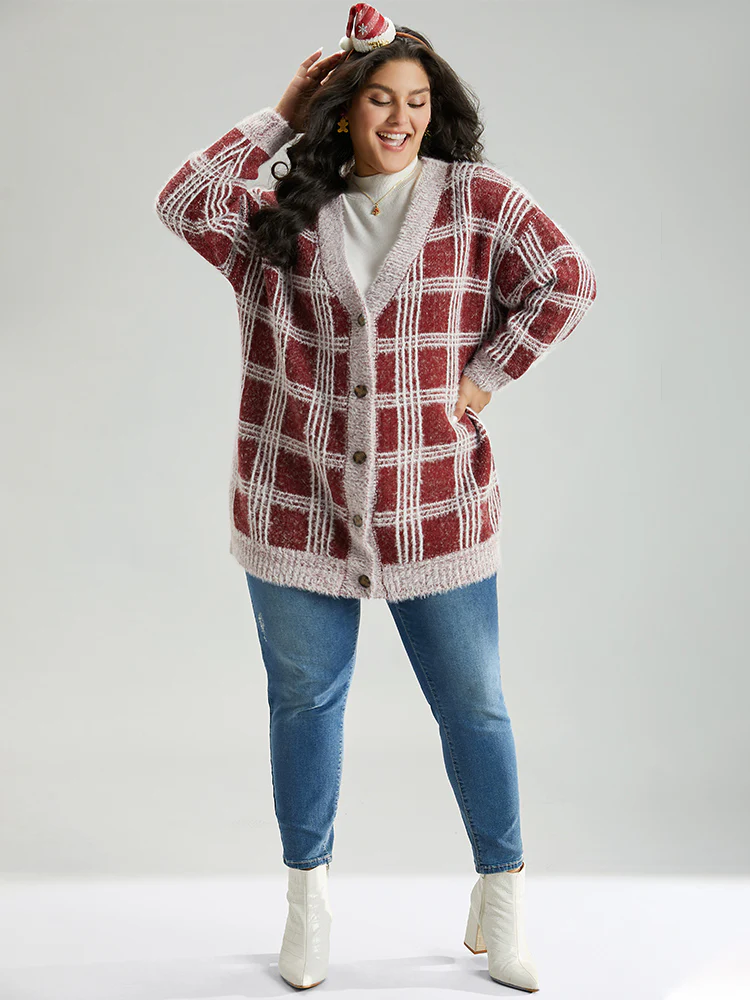 Plaid Fuzzy Heather Button Fly Tunic Cardigan - Image 6