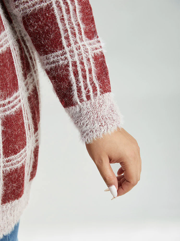 Plaid Fuzzy Heather Button Fly Tunic Cardigan - Image 7