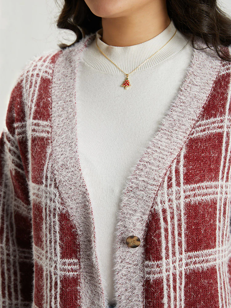 Plaid Fuzzy Heather Button Fly Tunic Cardigan - Image 8