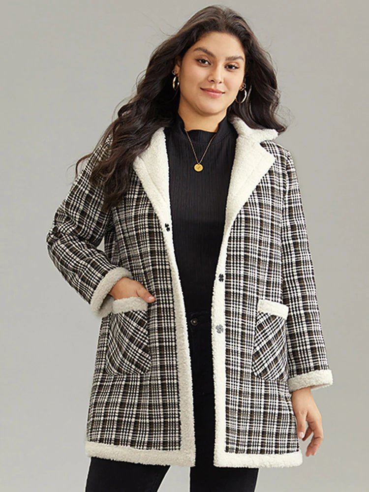 Plaid Fuzzy Trim Patchwork Lapel Collar Pocket Coat