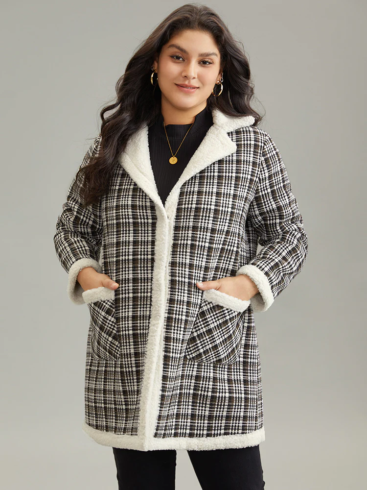 Plaid Fuzzy Trim Patchwork Lapel Collar Pocket Coat - Image 2