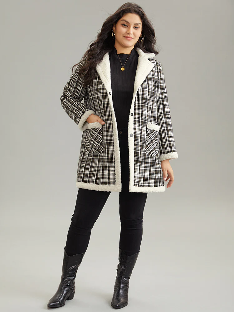 Plaid Fuzzy Trim Patchwork Lapel Collar Pocket Coat - Image 3