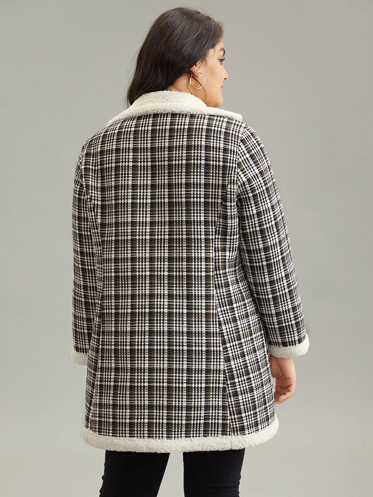 Plaid Fuzzy Trim Patchwork Lapel Collar Pocket Coat - Image 4
