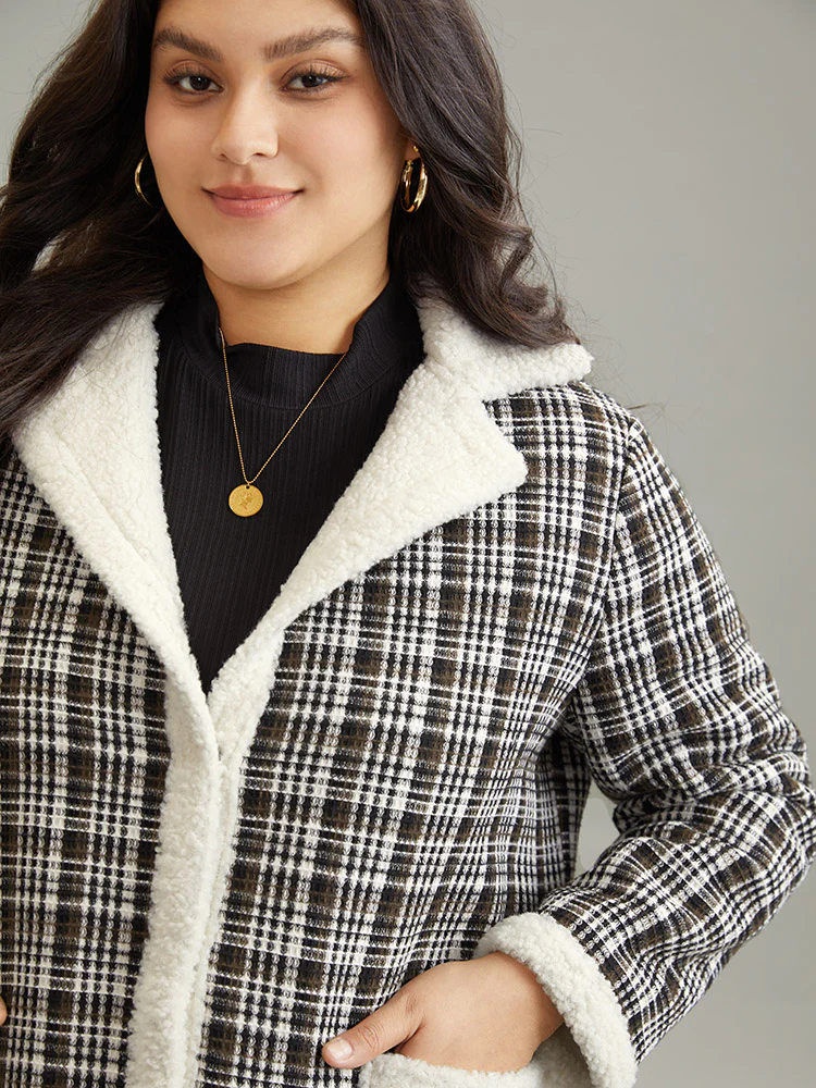 Plaid Fuzzy Trim Patchwork Lapel Collar Pocket Coat - Image 5
